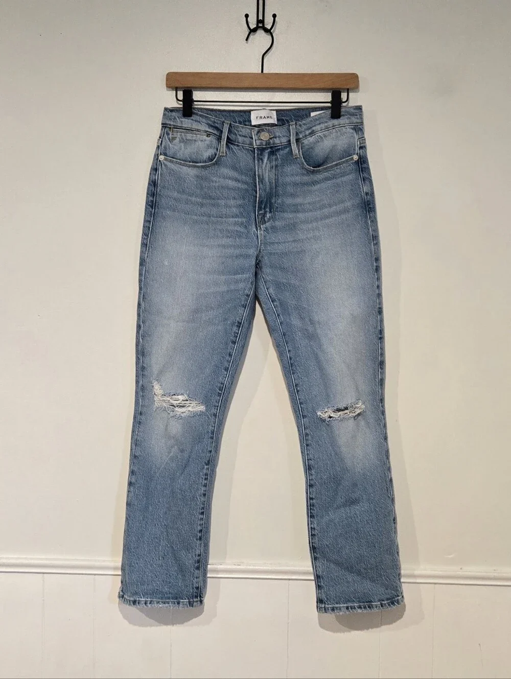 Frame Le High Straight Leg Jeans Demarco Rips Distressed Cropped Denim Size 27 - Picture 9 of 11